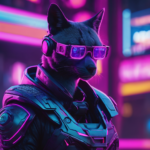 Gato del futuro superdotado trabajando en una agencia de marketing digital