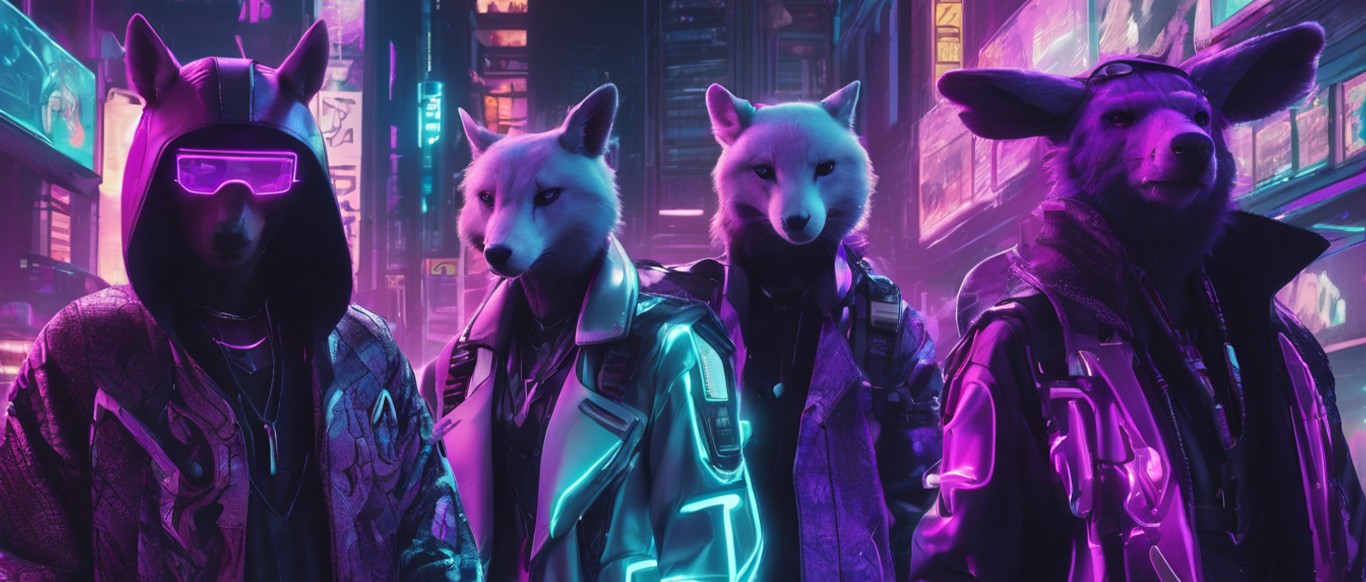 Un grupo de amigos animales expertos en marketing digital vestidos con ropas futuristas en medio de una ciudad
