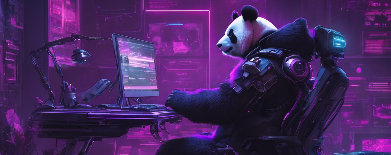 Oso panda con armadura sentado en la silla de un escritorio con postura humanoide buscando información en Internet desde un ordenador.